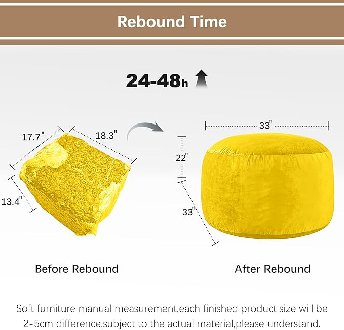 Bean Bag Chairs for Adults - Memory Foam Furniture BeanBag Chair - Kids/Teens Sofa with Soft Micro Fiber Cover - Round Fluffy Couch for Living Room Bedroom College Dorm - 3 ft, Yellow