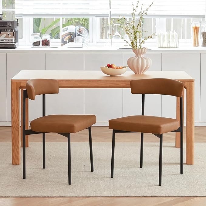 Brown Faux Leather Dining Chairs Set of 2, Armless Upholstered Kitchen Chair,Modern Dining Room Chair with Curved Backrest