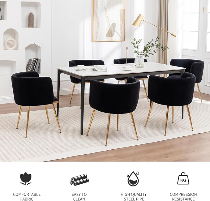 Canxkun Velvet Dining Chairs Set of 2, Barrel Dining Chairs with Gold Metal Legs, Modern Upholstered Dining Room Chair for Dining Room, Kitchen, Vanity (Black)