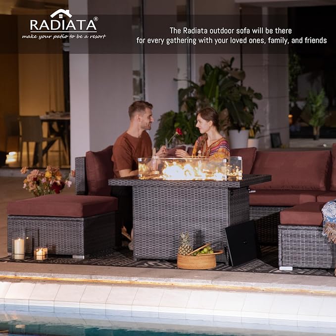 RADIATA 9 Piece Wicker Patio Furniture Set with Fire Pit, All-Weather Outdoor Sectional Couch High Back Large Size, Modular Backyard Seating Sofa Set with Propane/Natural Gas Firepit Table, Grey&Red