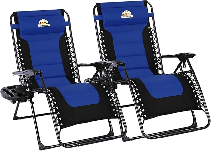 Colegence Oversized Padded Zero Gravity Lounge Chair Set of 2, Foldable Patio Anti Gravity Reclining Chairs Folding Lawn Recliner with Cup Holder for Yard, Camping, Outdoor, Support 350 LBS, Blue