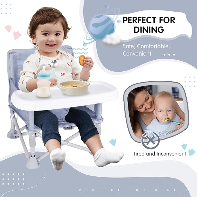 Furmubei Portable Baby Booster Seat with Tray, Toddler Booster seat for Dining, Camping, Travel, Baby Beach Chair 6 Months to 3 Years Old Indoor Outdoor Use Grey