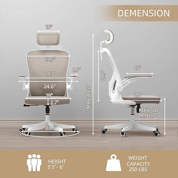 Monhey Office Chair Ergonomic Desk Chair with Lumbar Support&Headrest&Flip-up Arms Height Adjustable Rocking Swivel High Computer Chair Multi-Angle from 90° to 130° with 350LBS Capacity(04White+khaki)