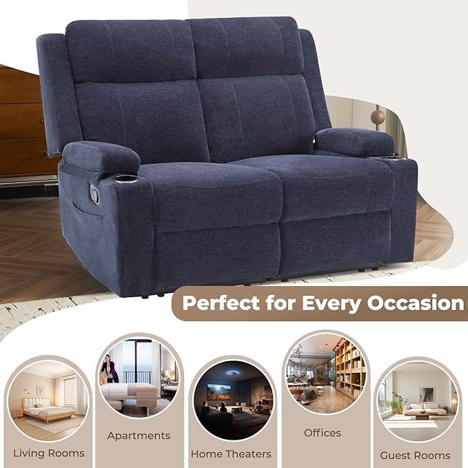 PALLOME Manual Reclining Loveseat Sofa, 2-Seater Recliner Couch with Cup Holders, Fabric Reclining Sofa for Living Room/RV (Blue)