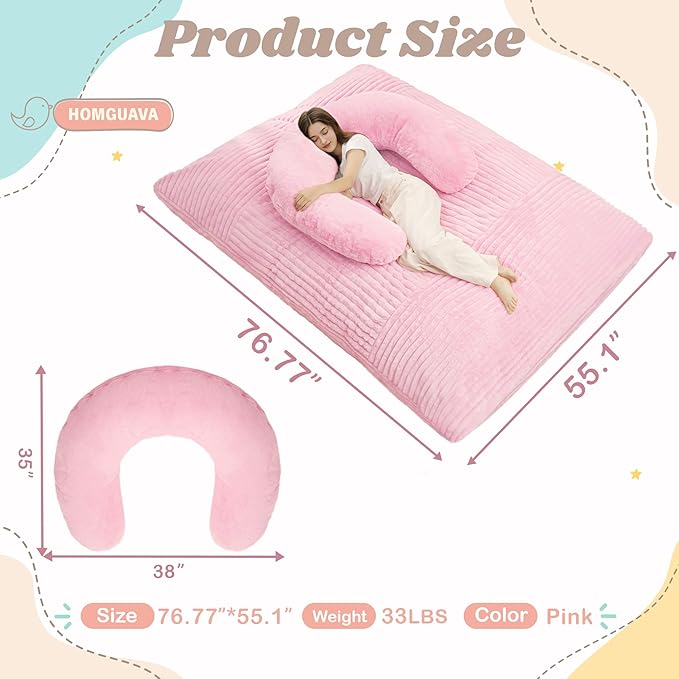 Homguava Giant Bean Bag Chair for Adults with Pillow, 4 in 1 Convertible Floor Cushion for Adluts, Memory Foamed Bean Bag Lounger with Washable Cover for Living Room, Bedroom
