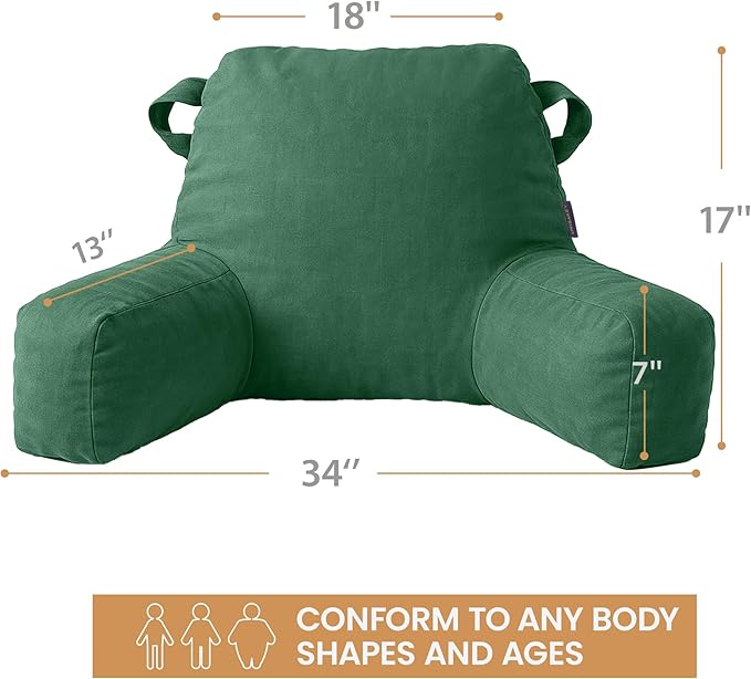 Unisakey Portable Comfy Reading Pillows for Bed Sitting Up(Green Oeko-Tex), Velvet Back Pillow with Arms & Pockets for Adults, Support Memory Foam Bed Pillow for Dorm/Reading/Watching/Gaming