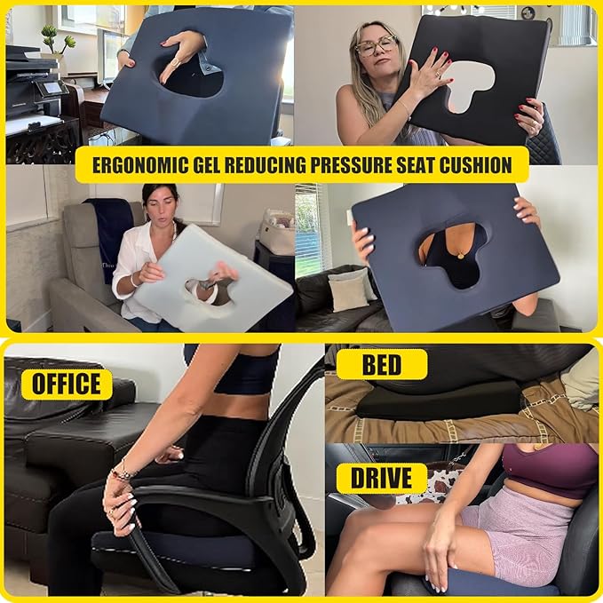 Gel Wheelchair Seat Cushion,Bed Sore Cushions for Butt,Sciatica,Coccyx,Pressure Sore & Ulcer Pain Relief Butt Pillow for Office Chair,Removable&Washable(Thickened&Support-Enhanced Set Black)