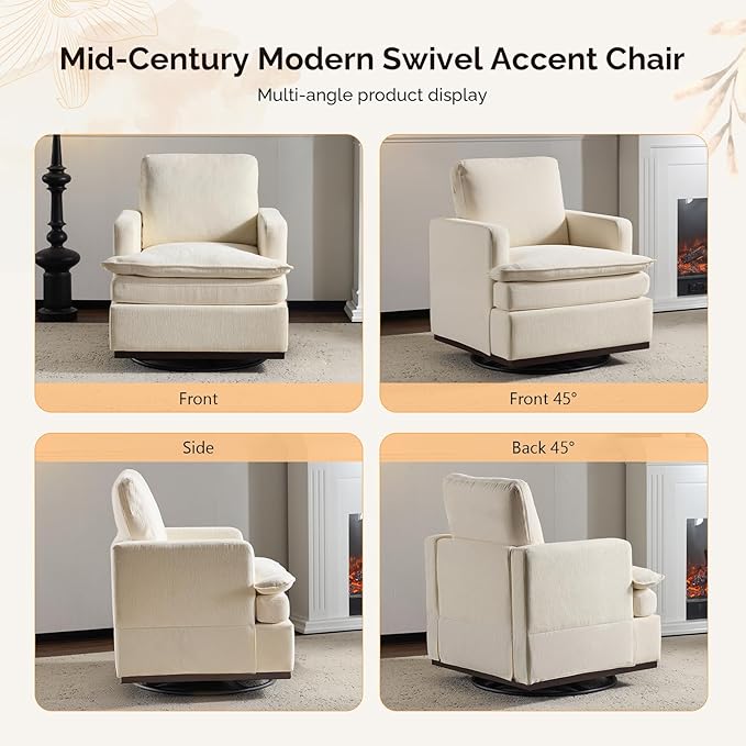 VINGLI 360°Swivel Mid-Century Modern Accent Armchairs Set of 2 with Double-Layer Seat Cushions, Comfy Single Square Sofa, Upholstered Club Chairs for Living Room,Bedroom, Reading Room, Chenille Beige
