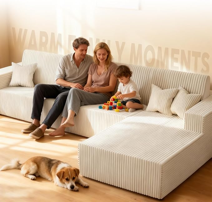 Komusou 142" Boneless Couch, Cloud Modular Sectional Sofa with L-Shape Chaise and Deep Seat, Modern Upholstered Couches for Living Room Bedroom No Assembly Required (Beige, Right Facing Chaise)