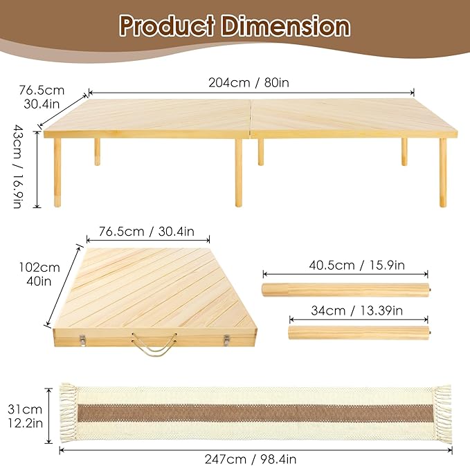 Folding Picnic Table with Table Runner, Portable Boho Low Picnic Table for Indoor Outdoor, 80" x 30" Wooden Table with Adjustable Heights for Camping, Wedding, Beach, Garden, Party(Large Size for 8)