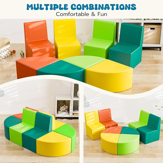 UMOMO MX-02 8 PCS Kids Sofa Set, Daycares Chairs for Toddlers Activities, Colorful Modular Flexible Seating Set for Home Preschool Playroom