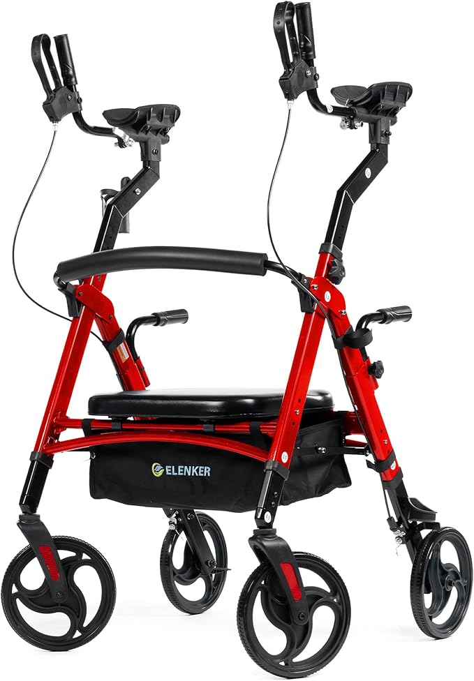 ELENKER Heavy Duty Upright Walker with Extra Wide Padded Seat and Backrest, Aluminum Bariatric Stand Up Rolling Walker, 10” Wheels, Fully Adjustment Frame, Support up to 500 lbs for Seniors, Red