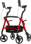 ELENKER Heavy Duty Upright Walker with Extra Wide Padded Seat and Backrest, Aluminum Bariatric Stand Up Rolling Walker, 10” Wheels, Fully Adjustment Frame, Support up to 500 lbs for Seniors, Red
