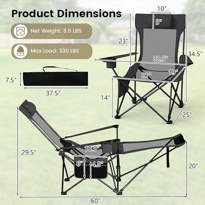 GYMAX Reclining Camping Chairs with Footrest, Lightweight Foldable Camping Chairs with Cup Holders, Adjustable Backrest, Headrest, Heavy Duty Camp Chair for Adult Outdoor Fishing Beach (Grey,1)