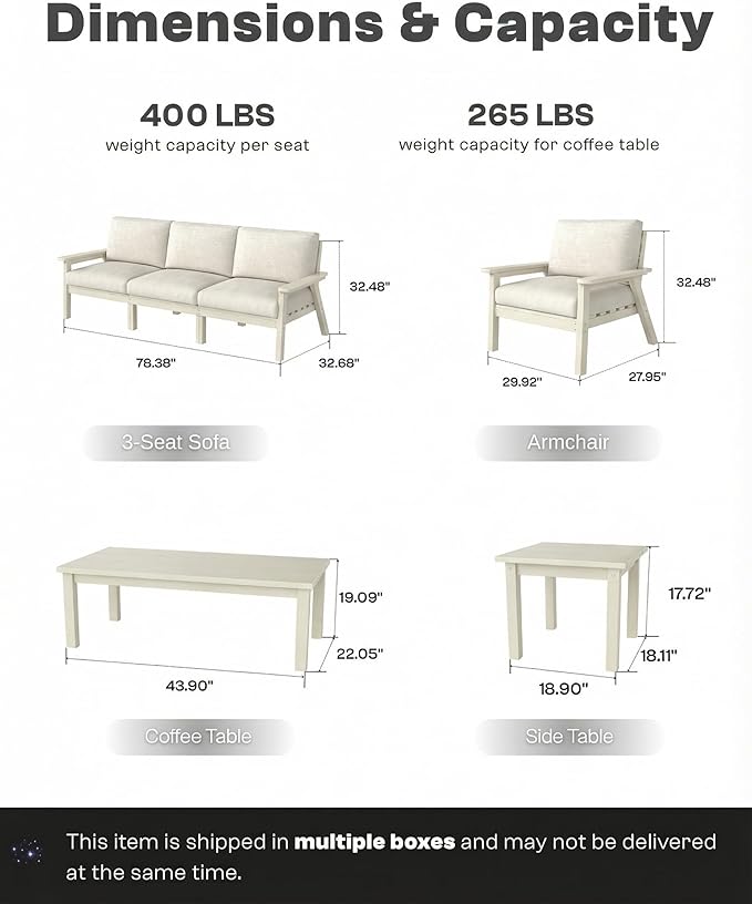 Patio Kingdom Patio Furniture Set with Washable Thick Beige Cushions, Coffee Table & Side Table, HDPE Outdoor Couch, All-Weather Outdoor Sectional Furniture, Patio Conversation Sets (White Frame)