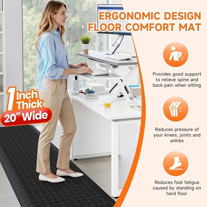 StepRite 1” Thick Kitchen Mats for Floor, Anti Fatigue Kitchen Rugs, Non-Slip,Heavy Duty Waterproof Kitchen Rug, Standing Desk Mat, Gifts for Friends, Family, Home, Kitchen, Office (72" x 20", Black)