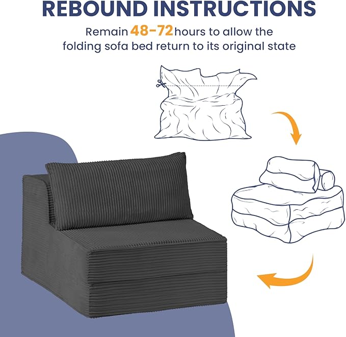 Convertible Sofa Bed, Fold Out Chair with Pillow, Versatile Floor Couch with Back Support, Portable Chair Bed Comfy Floor Lounge Sofa for Living Room Bedroom Guest Room, Grey