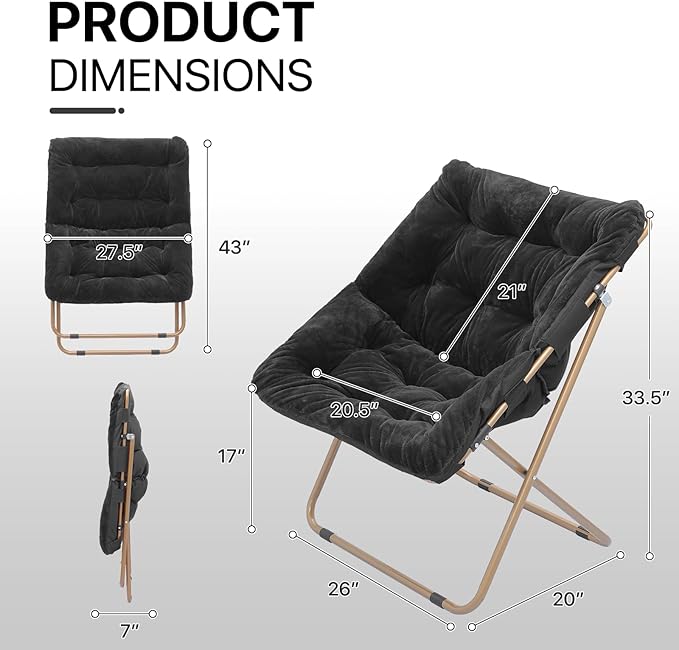 Athena Collection Saucer Chair for Adult, Square Comfy Cozy Chair Folding Chair Faux Fur Metal Frame Foldable Reading Chair Accent Chair for Bed Room Living Room, Black