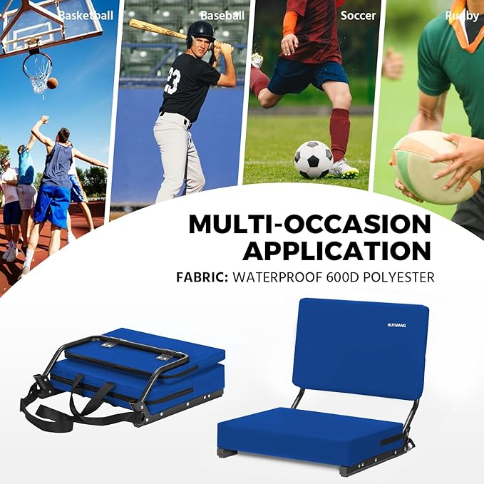HUTMANG Stadium Chairs for Adults,Bleacher Chairs with Back Support,Portable Stadium Seats with Swivel Padded Cushion,Folding Comfort Stadium Seat with Shoulder Strap,Perfect for Sports Events(Blue)