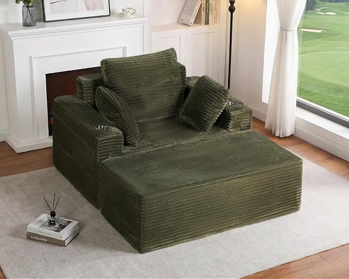 54"W Oversized Chaise Lounge Chair Indoor, Boneless Chaise Lounge Couch, Convertible Comfy Reading Chairs, Compression Sofa with Ottoman, Corduroy Sleeper Couch Chair for Living Room, Green