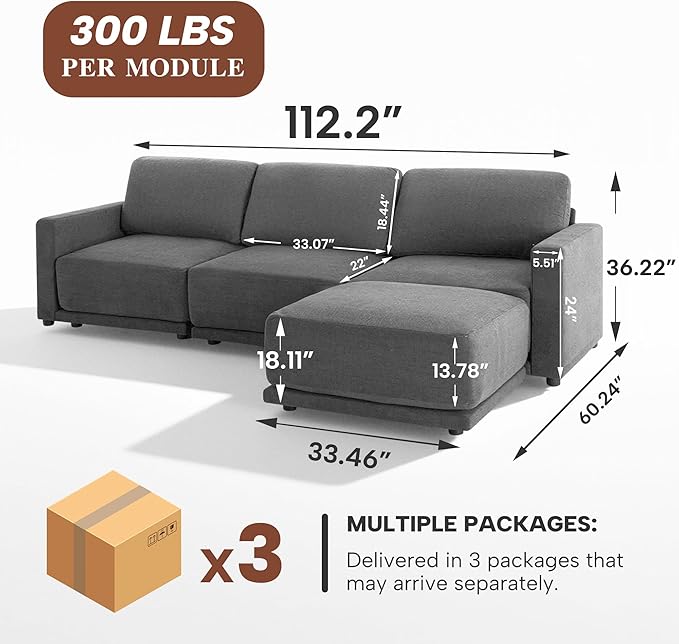 CAPCAPA 112" Modular Sectional Couches for Living Room, L-Shaped Modern Sofa with Ottoman, 4-Piece Chenille Sofa Set for Home Furniture, Dark Grey