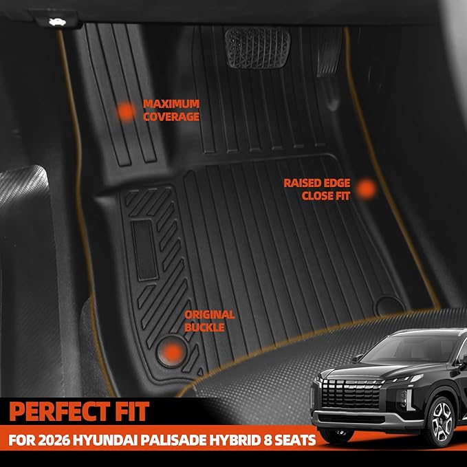 All Weather Floor Mats for 2026 Hyundai Palisade Hybrid 8 Seats Floor Mats & Trunk Mat with Backrest Mats & 2nd Backrest Mats for Palisade Hybrid Accessories Odorless Anti-Slip Floor Liner