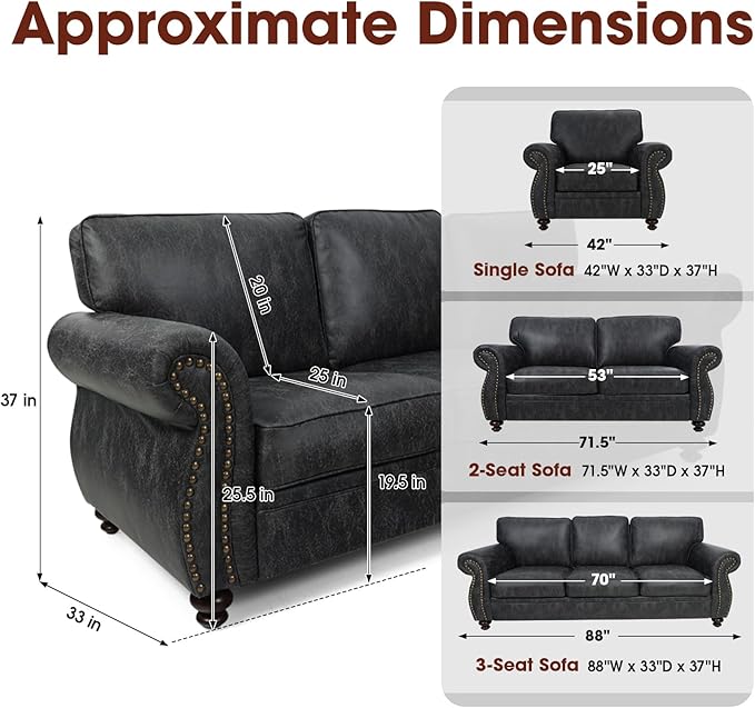Couchus Living Room Furniture Sets,Mid-Century Vintage Sofa Couches with Rivet Design (Grey, Single+Loveseat)