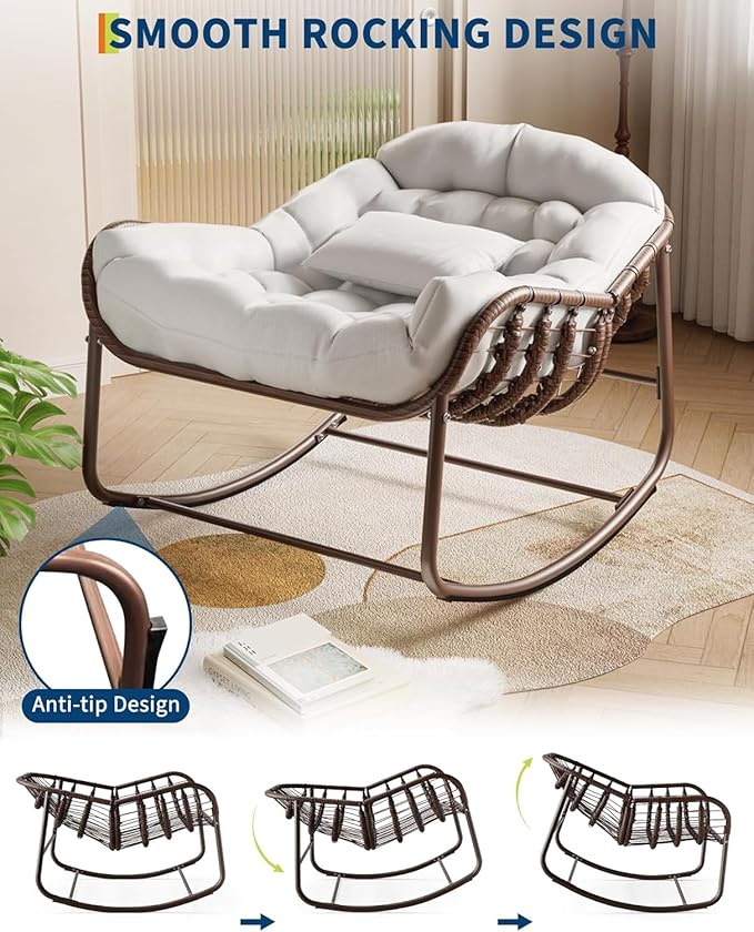 DEXSO Oversized Papasan Rocking Chair - Outdoor Wicker Lounge Chair with Cushion & Metal Frame, Patio Rattan Egg Rocker for Balcony, Backyard, Porch & Bedroom, White