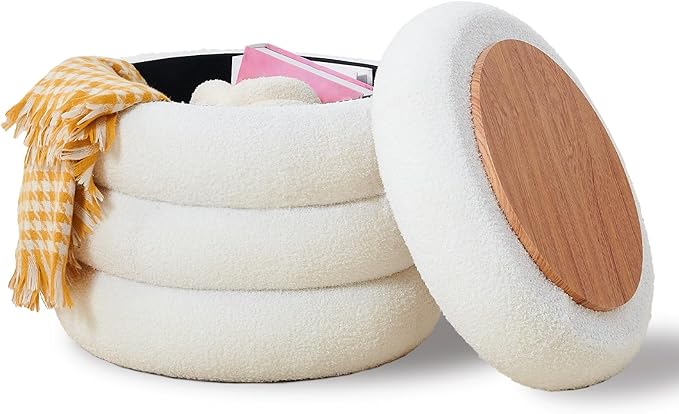 Wimarsbon Round Storage Ottoman, Modern Sherpa Footstool, Teddy Vanity Stool with Flip-Top Tray, Makeup Chair for Home Decor, Upholstered Footrest for Living Room & Bedroom (White)