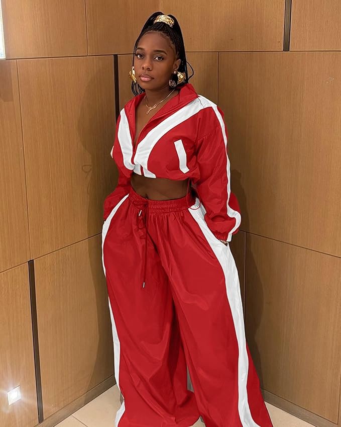 Women Striped 2 Piece Outfits Fall Workout Sets Windbreaker Tracksuit Crop Jacket Wide Leg Pants with Pockets