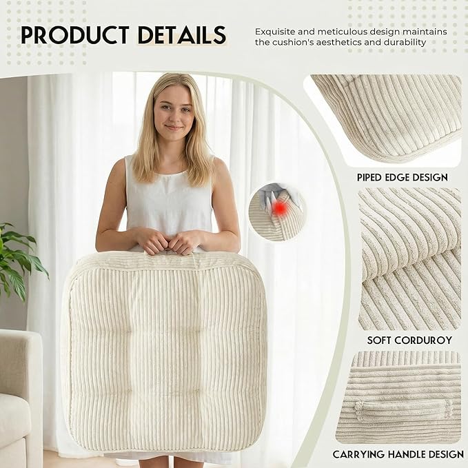 11In Washable Floor Pillow for Adults, Yoga & Meditation Cushion with Handle, Square Large Pillows Seating with Removable Tufted Corduroy Cover for Tatami Living Room Board Games, Cream