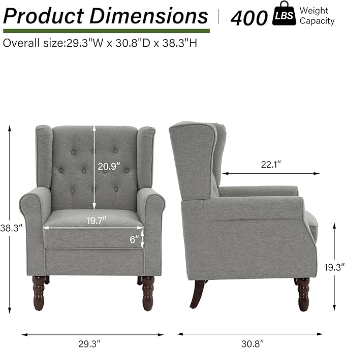 DREAMSIDEA Accent Chair, Upholstered Armchair with Button Tufted High Back & Solid Wood Legs, Comfy Wingback Reading Single Sofa Chair for Small Spaces, Living Room, Bedroom (Grey, Set of 1)