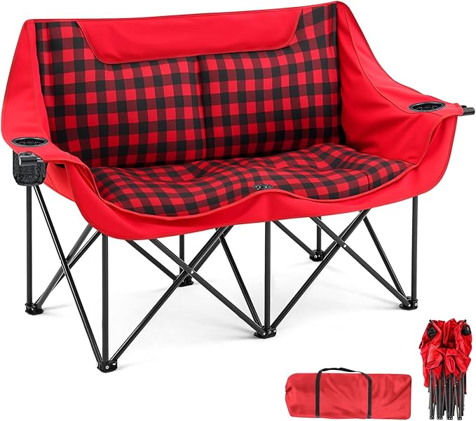 Double Camping Chairs Padded Loveseat Chair for 2 Person, Heavy Duty Oversized Camping Couch for Adults Outdoor Lawn Beach, Portable Folding Sofa with Cup Holders and Carry Bag