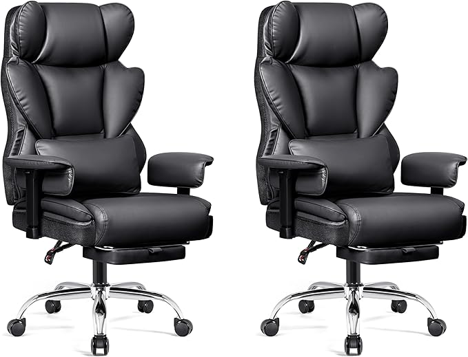 BESTFAIR Big and Tall Office Chair - Heavy Duty 400 LBS Executive Chair with Foot Rest, High Back Ergonomic Desk Chair, Padded Wide Seat Gaming Chair, Adjustable Armrests, Black 2 Pack