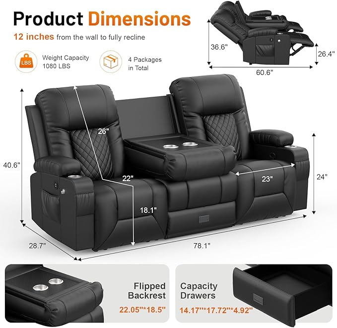 FURNIMAT Recliner Sofa Set with 3+1+1 Pieces in Living Room, 3 Seater Reclining Sofa with Flip Back Console, 2 Recliner Chair with Vibration Massage and Heat Single Sofa Seat