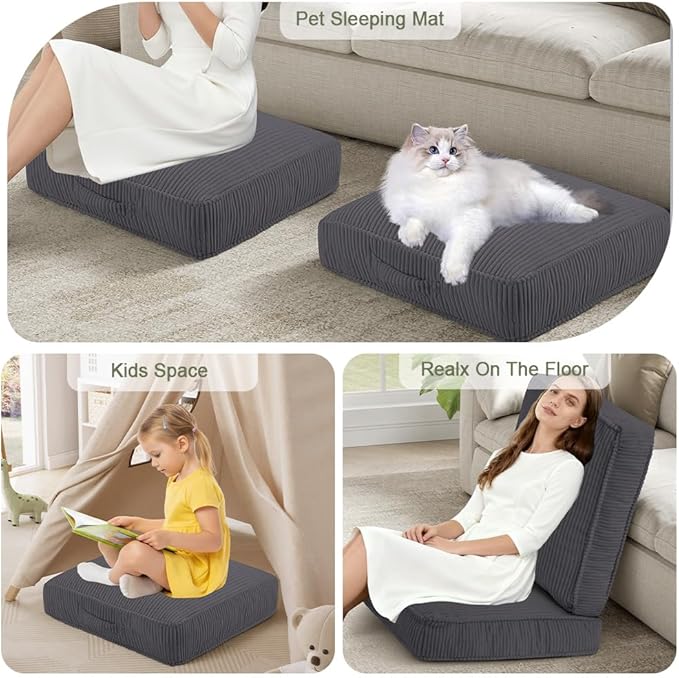 PRIMEPATIO Floor Pillow for Adults, 4" Square Floor Cushions with Washable Cover, Large Corduroy Meditation Pillow, 22 inches Tatami Seat with Handle for Living Room or Yoga, Dark Grey