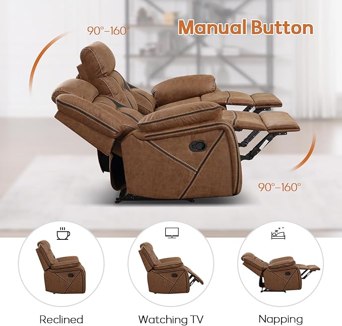 EBELLO Faux Leather Manual Reclining Sofa, 3 Seat Recliner Sofa Chair, Couch Furniture for Living Room, Furniture, Meeting Room, Brown (3 Seat Sofa)