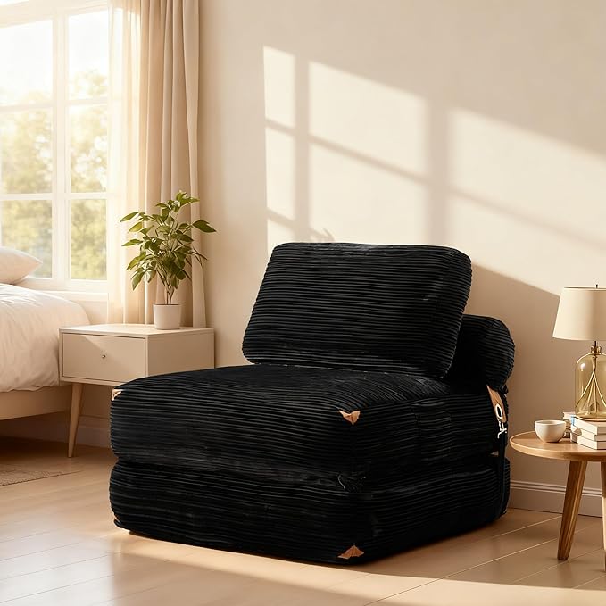 75''Foldable Sofa Bed,Black Convertible Folding Sleeper Chair Bed,Foldable Single Sofa Foam Filling Couch with Pillow, Comfy Corduroy Lazy Floor Sofa for Small Room Living Room Bedroom Apartment