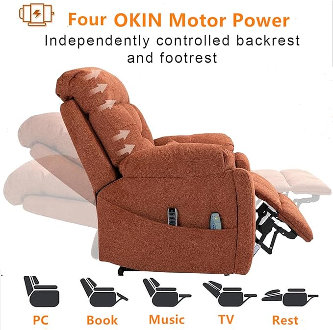 4-Motor Power Lift Recliner Chair for Elderly, Oversized Lay Flat Recliner with Heat and Massage, Adjustable Headrest Lumbar Heat Hidden Cup Holder for Big Man 400lbs (Orange Chenille)