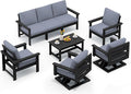 SERWALL HDPE Outdoor Patio Furniture Set, 8-Piece Outdoor Sectional Sofa with 2 Swivel Sofas with Thick Cushions for Deck, Black Frame with Gray Cushions