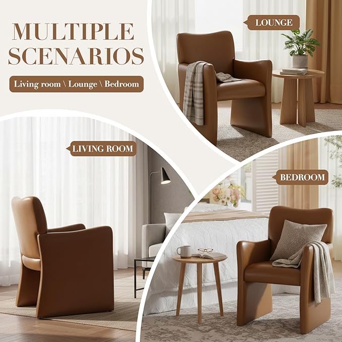CIMOTA Brown Faux Leather Dining Chairs Set of 6, Upholstered Accent Chairs with Arms/Wood Legs, Comfortable Kitchen Chairs for Living/Reception/Dining Room