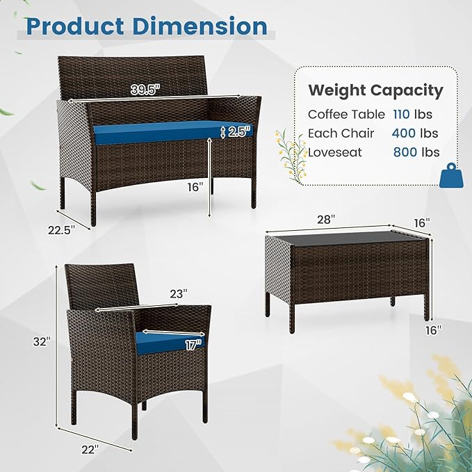 HAPPYGRILL 8 Pieces Outdoor Rattan Conversation Set, Patio Wicker Furniture Set with Loveseat Chairs & Tempered Glass Coffee Table, Outside Sectional Sofa Set for Backyard Garden Poolside, Blue