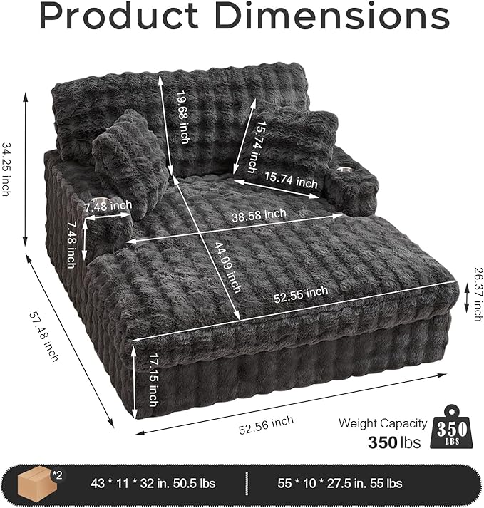 52.5 Inch Oversized Chaise Lounge Chair Indoor, Faux Fur Upholstered Sleeper Couch, Ergonomic Deep Seat Sleeper Sofa with Plush Pillows, Cup Holders, USB Port, Reading Chairs for Living Room/Dark Grey