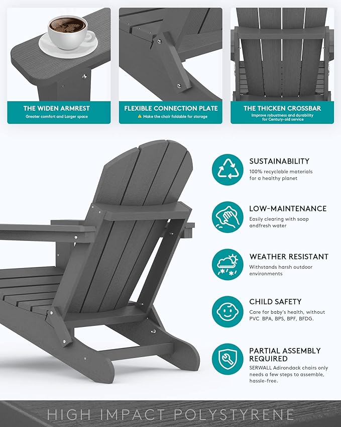 SERWALL Adirondack Chair Set of 2 for Patio Garden Outdoors Fire Pit- (Folding Gray)