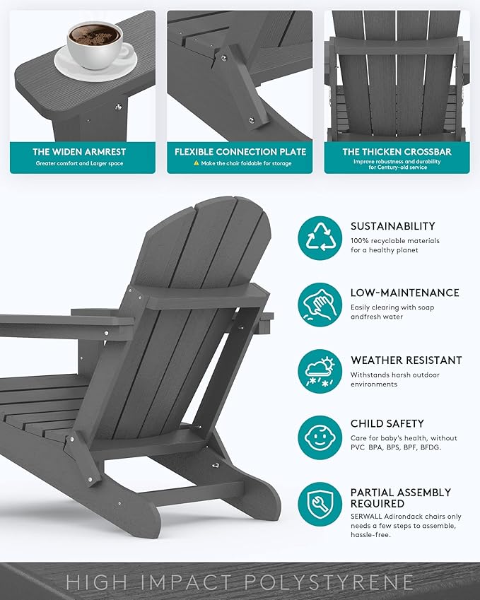SERWALL Adirondack Chair Set of 8 for Patio Garden Outdoors Fire Pit- (Folding Gray)