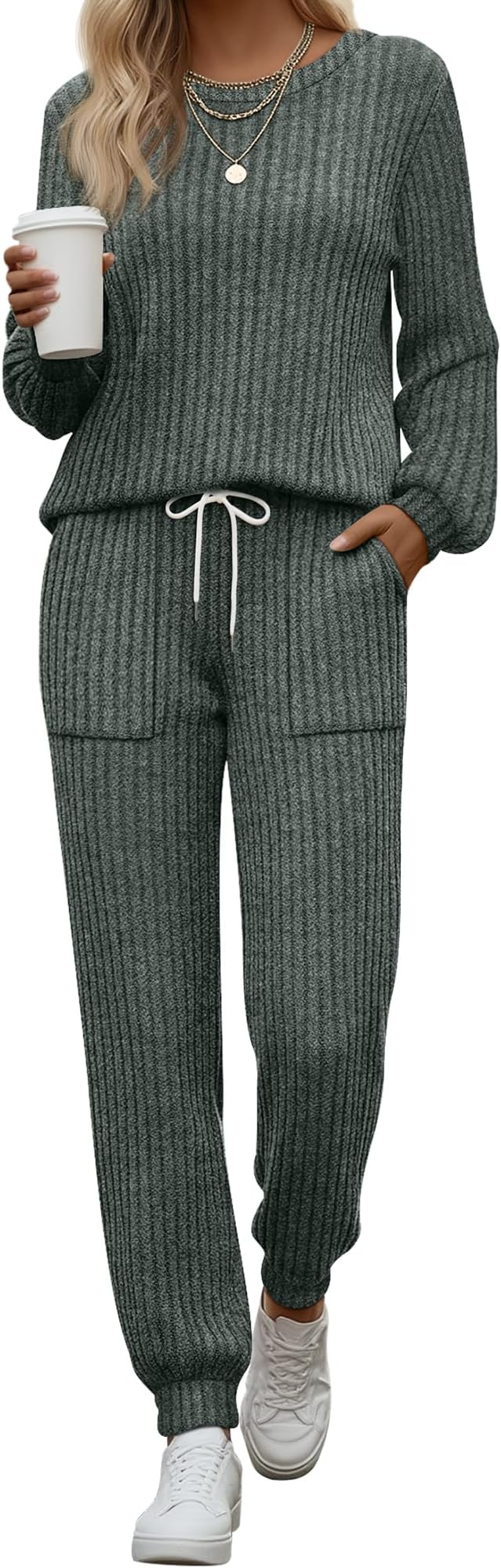 Sweetyweee Women's Ribbed Knit Lounge Sets 2 Piece Outfits Long Sleeve Pajamas Set Loungewear Sweatsuits Fall Pjs with Pocket