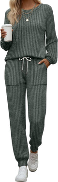 Sweetyweee Women's Ribbed Knit Lounge Sets 2 Piece Outfits Long Sleeve Pajamas Set Loungewear Sweatsuits Fall Pjs with Pocket