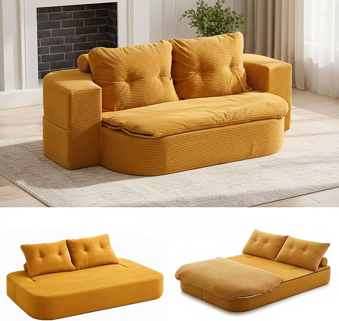 78.7" Convertible Sofa Bed Couch, Corduroy Upholstered Boneless Futon Loveseat Sleeper, Foldable Floor Sofa Chair with Pillows, Chaise Lounge for Living Room Bedroom Apartment, No Assembly Needed