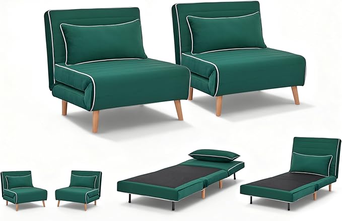 CITTANEO 2 Sets 32" Convertible Sleeper Chair, 3-in-1 Folding Sleeper Chair with Adjustable Backrest and Pillows, 2-Piece Sofa Bed Sets for Living Room, Apartment, Office, Green