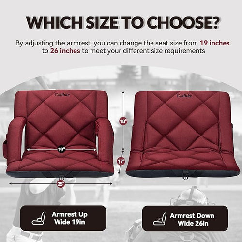 25inch Extra Wide Stadium Seat, Thick Bleacher Chair with Back Support and Cushion, 6 Reclining Positions Bleacher Seat with Armrest, Upgrade Sofa Style Stadium Chair for Sport Events and Outdoors